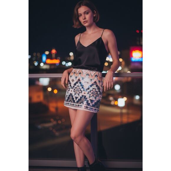 Express Skirt Women's XS Teal & Peach Aztec Print Sequin Mini Boho Lot of 2 - Picture 2 of 9